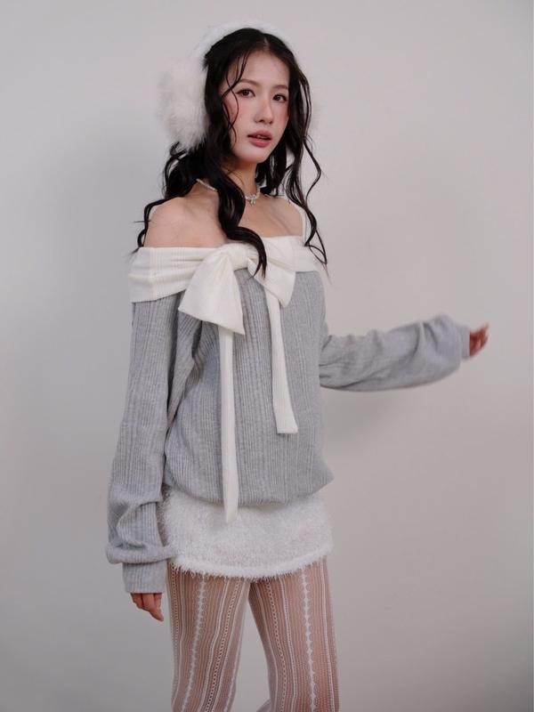 Áo Trễ Vai Phối Nơ AHRI Form Rộng Mùa Đông Vải Dày - Minipie