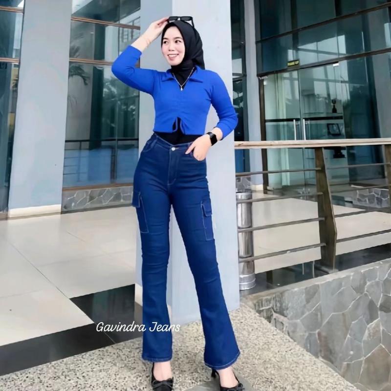 Cutbray Cargo Jeans Wanita Best Seller - Celana Jeans Wanita - Cargo Jeans Highwaist Streetch straight 3