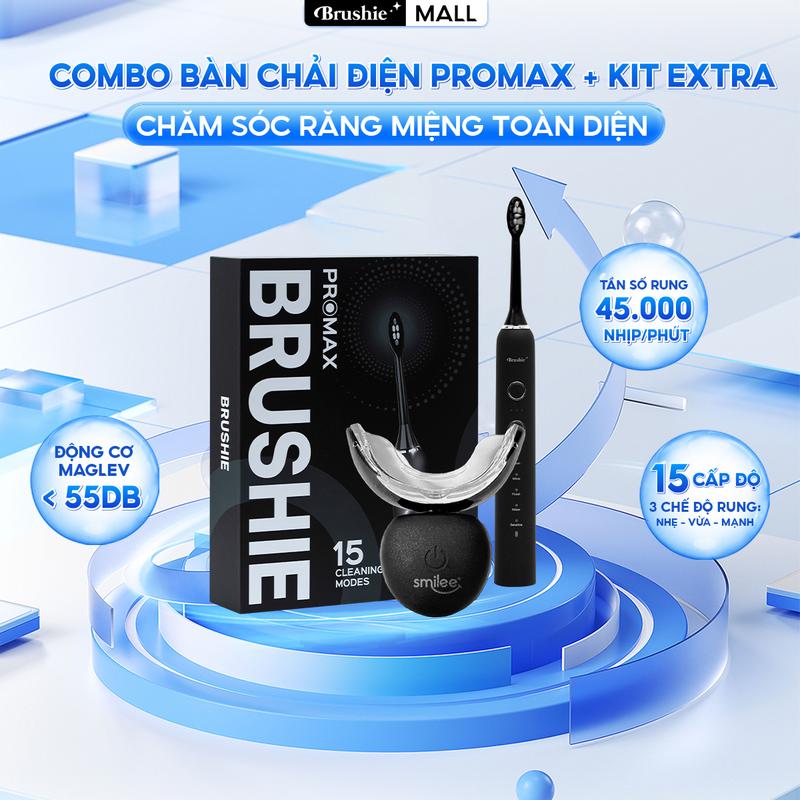 Combo bàn chải điện Brushie Promax với 15 chế độ đánh răng tích hợp đầu rửa mặt và kit hỗ trợ làm trắng răng tại nhà - TẶNG COMBO 6 STICKER + 1 TÚI TOTE ĐI BIỂN + 1 KẸO NGẬM KHÔNG ĐƯỜNG BRUSHIE