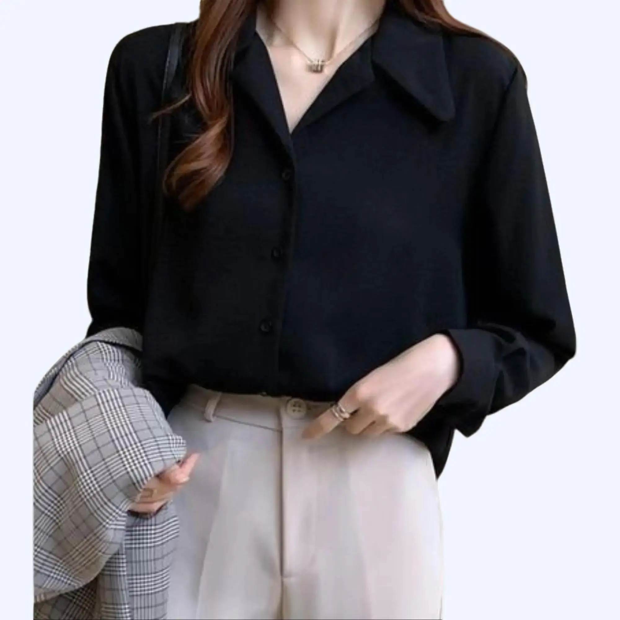 Kemeja Atasan Wanita Polos Untuk Kerja Lengan Panjang Full Kancing Bahan Shakila Twill