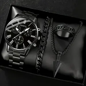 4PCS Jam Tangan Kuarsa Pria Dial Bulat Tali Baja Tahan Karat Cincin Kalung Gelang Fashion Set Hadiah Terbaik Pria(Tanpa Kotak)