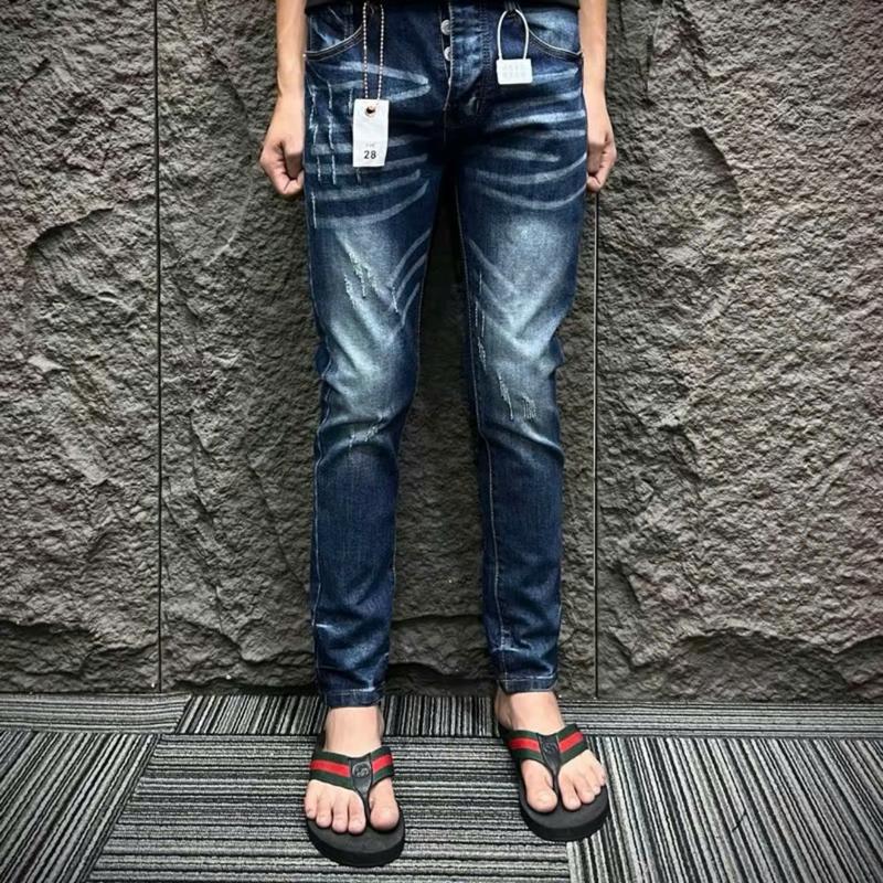 quần Jeans nam xanh pơ pồ xanh trơn sước nhẹ bản 4 cúc tang lụa