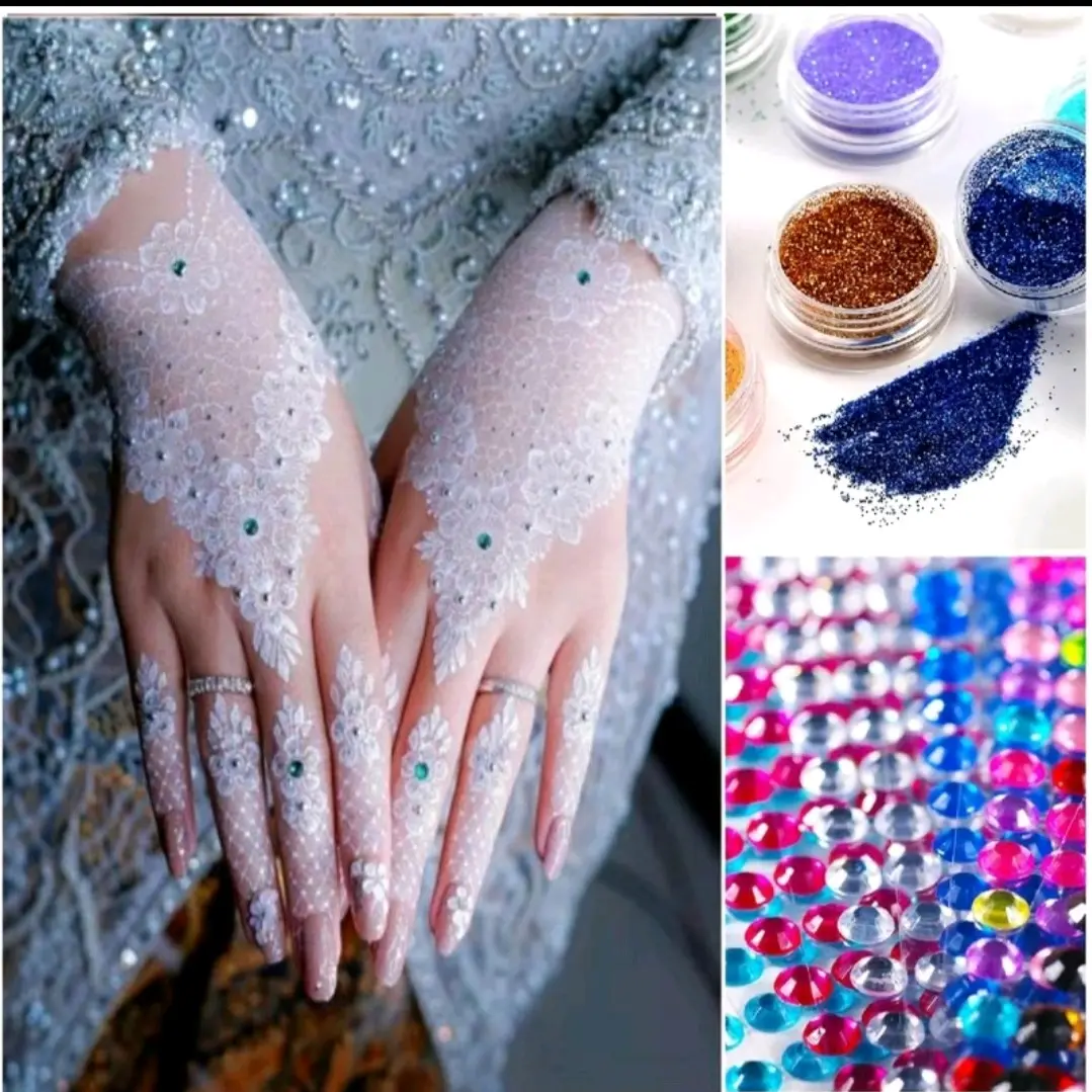 HENA INSTAN WEDDING SATUAN (SEPASANG TANGAN PAKET NAIL ART) free gliter dan manik manik
