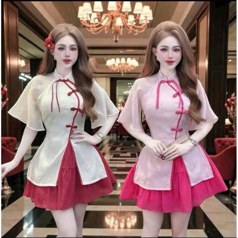  Sét đồ nữ mặc tết áo tơ thêu hoa tay lửng cổ tàu đính nút mây kèm chân váy tơ dáng xòe ngắn cực xinh 