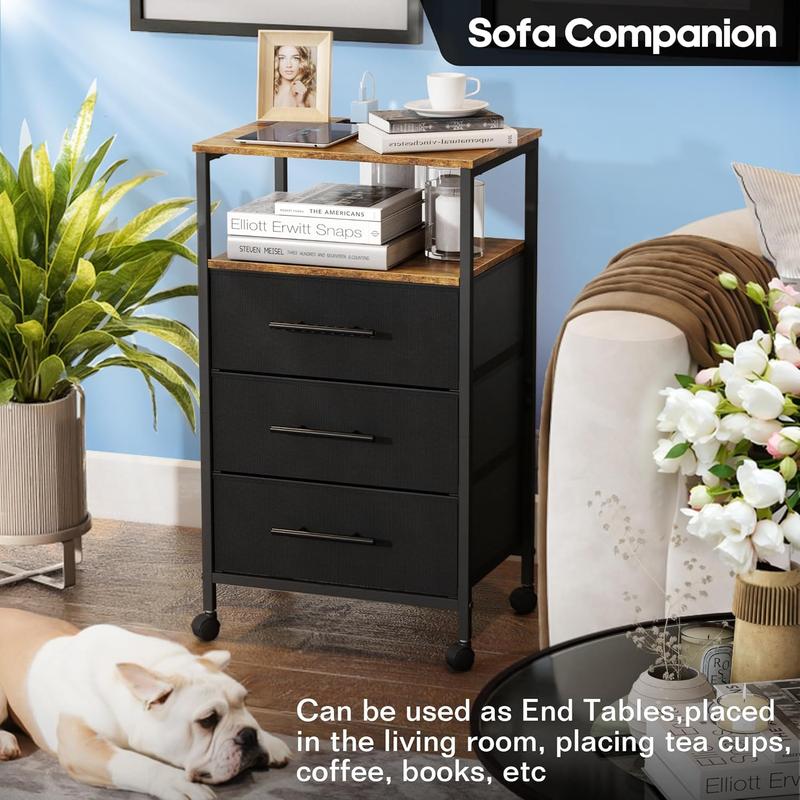 Bedside Table with Charging Station, Nightstand with 2 Outlets and 2 USB Ports,Sofa Table with 4 Castors Metal Frame and Fabric Drawers, for Bedroom Living Room (3 Drawers, Black) 5