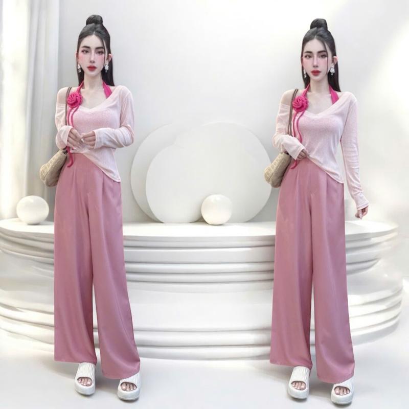 Quần dài 102cm Set quần áo thiết kế CRAZYTEEN S5978 dành cho nữ gồm áo kiểu form rộng cổ V tay dài và quần suông ống rộng để đi chơi Áo tay dài cổ V Áo cổ yếm Quần suông Tag hoa cột áo trễ vai 1 bên nữ kiểu áo kiểu che mỡ bụng set đi biển đẹp