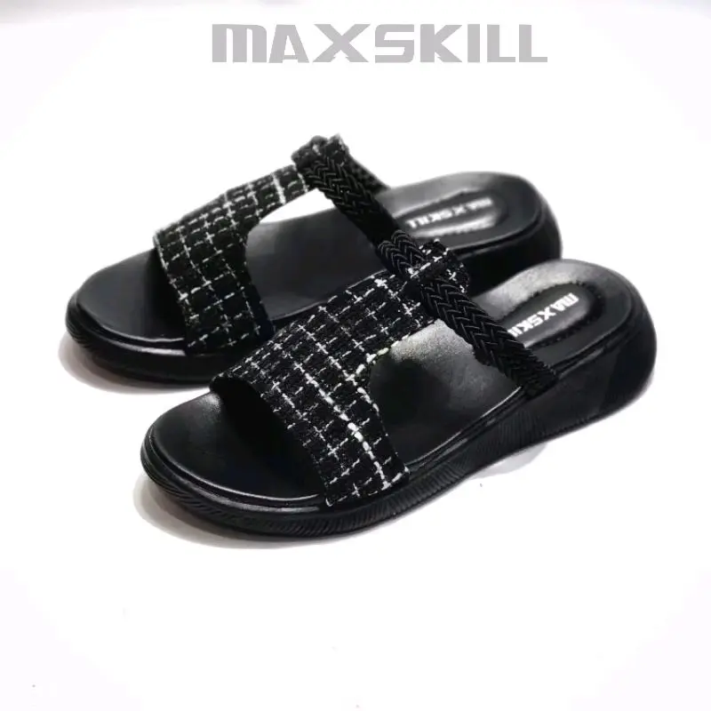 MAXSKILL ~ BERTHA sandal slop korean style sandal slipper sandal wanita wedges kekinian slop size 37-40 Hitam Sendal Cewek 0