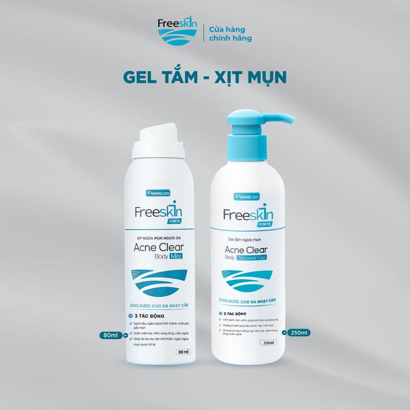  Combo Xịt mụn Freeskin Acne Clear Body Mist 80ml và Gel tắm Freeskin Acne Clear Body Shower Gel 250ml 