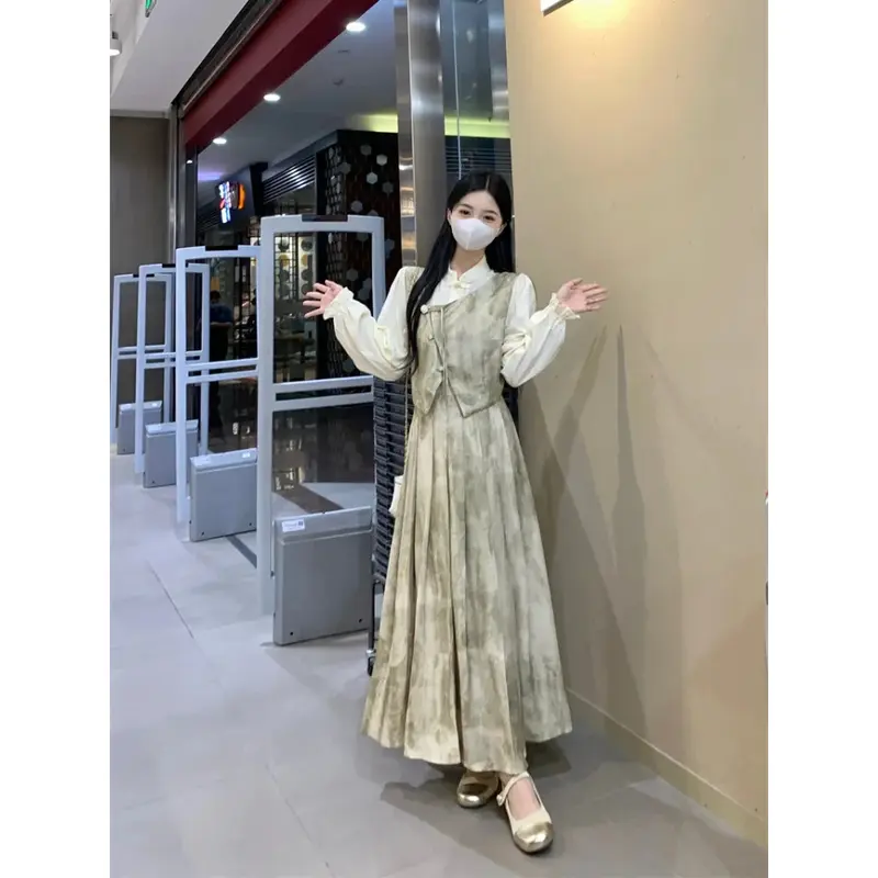 CHICMORE Gaun Wanita Motif Bergaris Rok Panjang Berkerah Lengan Panjang Gaya Kasual 2