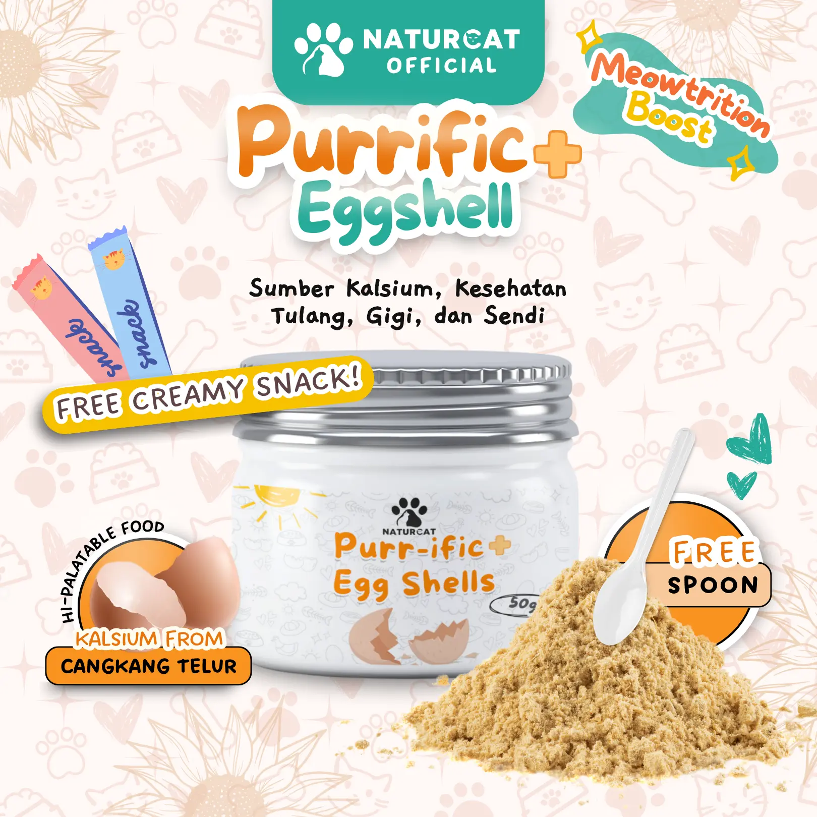 Naturcat Vitamin Kucing PURRIFIC EGGSHELL Powder Vitamin Sumber Kalsium untuk Tulang Gigi Sendi Kucing dan Anjing Anabul