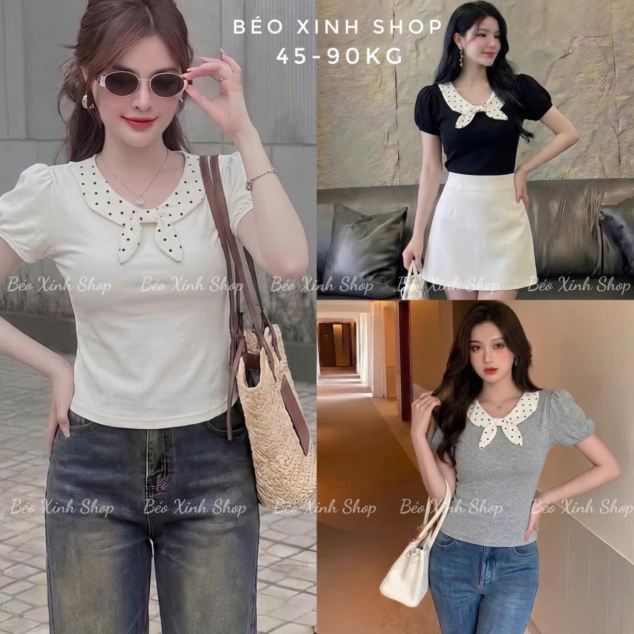 Bigsize Sài Gòn Áo Thun Nữ Cổ Tròn Phối Nơ Chấm Bi Vải Thun (Borit cotton) Cao Cấp Thanh Lịch Bigsize 45–90kg Dễ Thương Nữ Women Top Nhung - A.1797