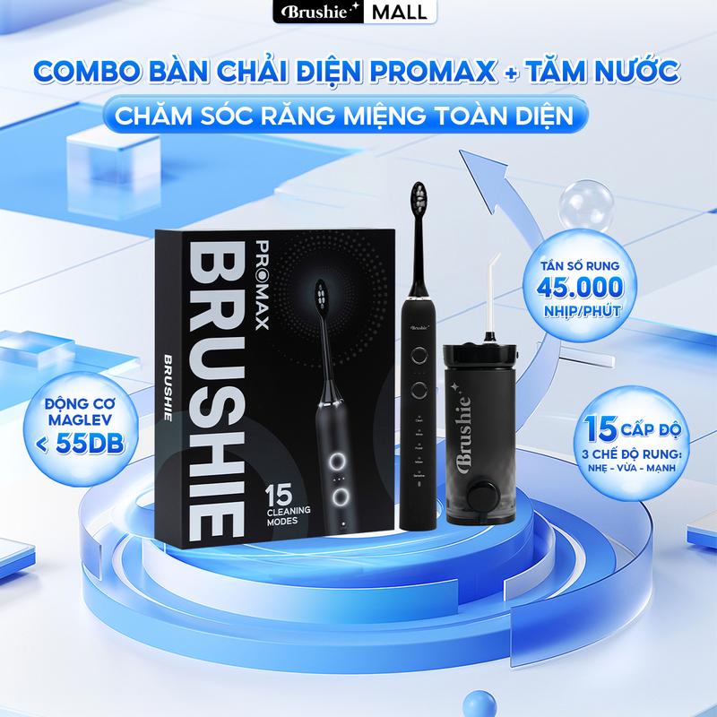 [DEAL SIÊU HỜI] Combo Bàn chải điện Brushie Pro Max tích hợp đầu rửa mặt hỗ trợ làm sạch hiệu quả và Tăm nước mini Brushie Thập sắc nhỏ gọn hỗ trợ làm sạch hiệu quả-  Tặng 1 túi canvas + 1 móc khóa + 2 stickers/cờ vẫy