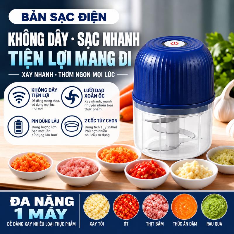 Máy băm tỏi điện không dây, máy chế biến thực phẩm mini có thể sạc lại qua cổng Type‑C với 3 lưỡi dao, màu xanh biển, dụng cụ xay gia vị nhà bếp đa năng cho tỏi, ớt và thịt
