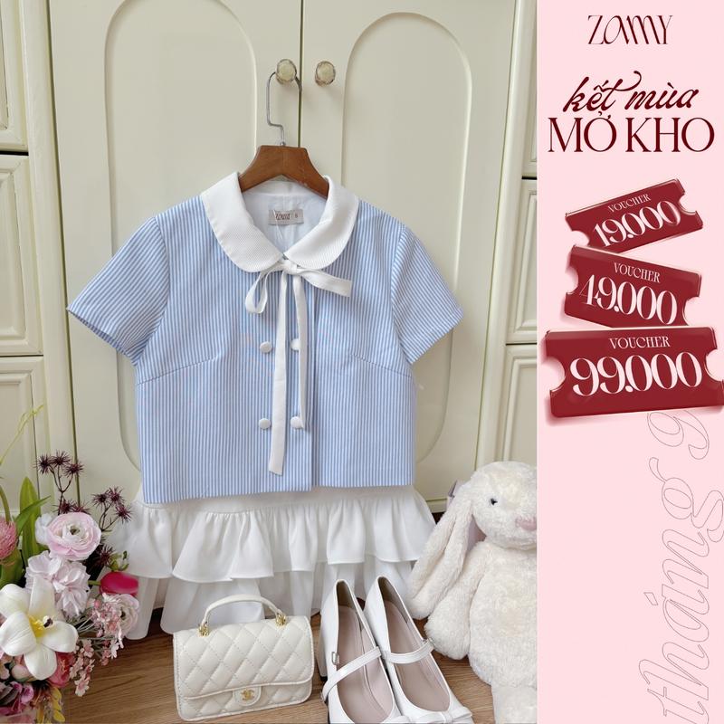 ZAMYSHOP - Sơ mi thiết kế sọc phối cổ trắng crop, áo xinh đi chơi, áo công sở, đi làm