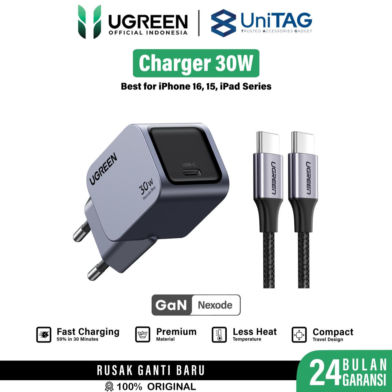 UGREEN Charger 30W Nexode Pro - Gray X703 35006 + C to Lightning Cable - Braided - 1m - Black US304