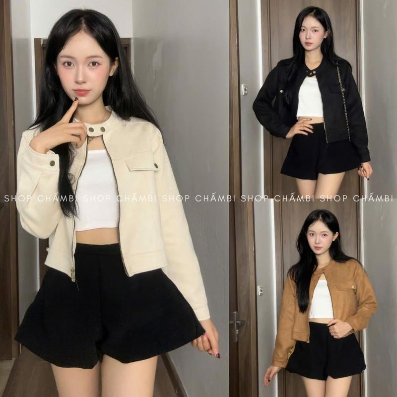 Áo khoác nữ A.775, Áo khoác da lộn dài tay cổ trụ cúc bấm dáng croptop phối túi nắp dễ phối đồ - Shop Chấm Bi