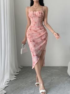 Nuevo vestido de dama de honor y vestido para hermana, vestido de malla con estampado rosa, diseño elegante en línea A ajustada con abertura, apto para todas las estaciones
