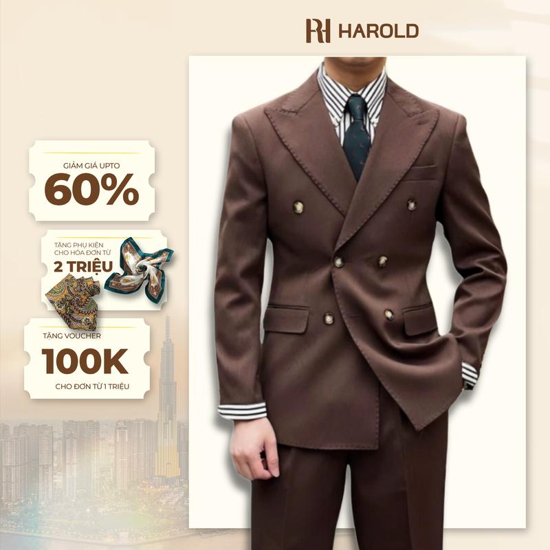 Suit Jacket Nam Harold Nhung Tăm Hallstatt Màu Nâu Và Be - Suit Công Sở, Đi Tiệc 2 Hàng Khuy Thiết Kế Sang Trọng Chống Nhăn