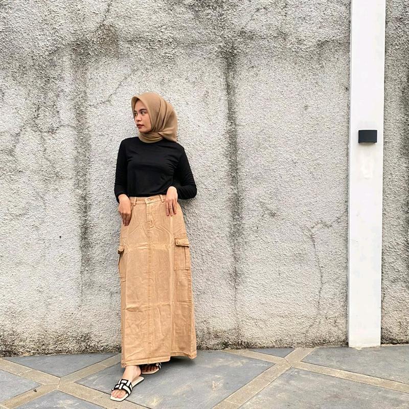 ROK KARGO JEANS Panjang Denim Karet Tebal Wanita Standar Katun A-Line Samping Melar Hitam Maxi Biru rok cargo tanpa belahan rok jeans span rok midi jumbo 7