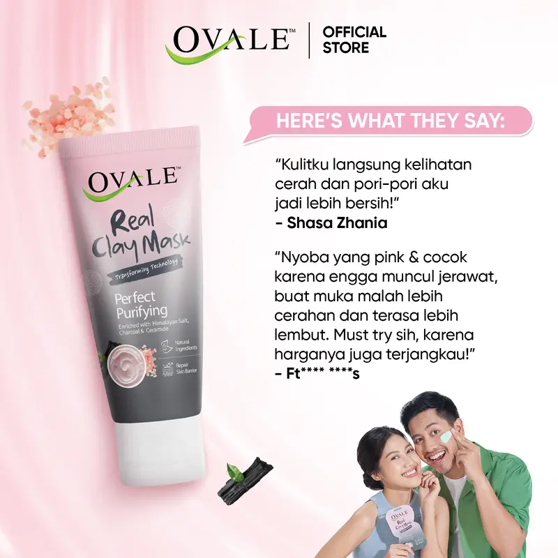Ovale Real Clay Mask Perfect Purifiying Tube 50g| Masker Wajah Kulit Kusam 50g | Clay Mask Estrak Himalayan Salt & Charcoal 5
