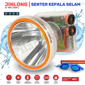 Jinlong Senter Kepala Selam 300 Watt JL-909 & Diving 250 Watt Super Terang Baterai 15000mAh Tahan 20 Jam 3 Mode Cahaya Bonus Kacamata Renang