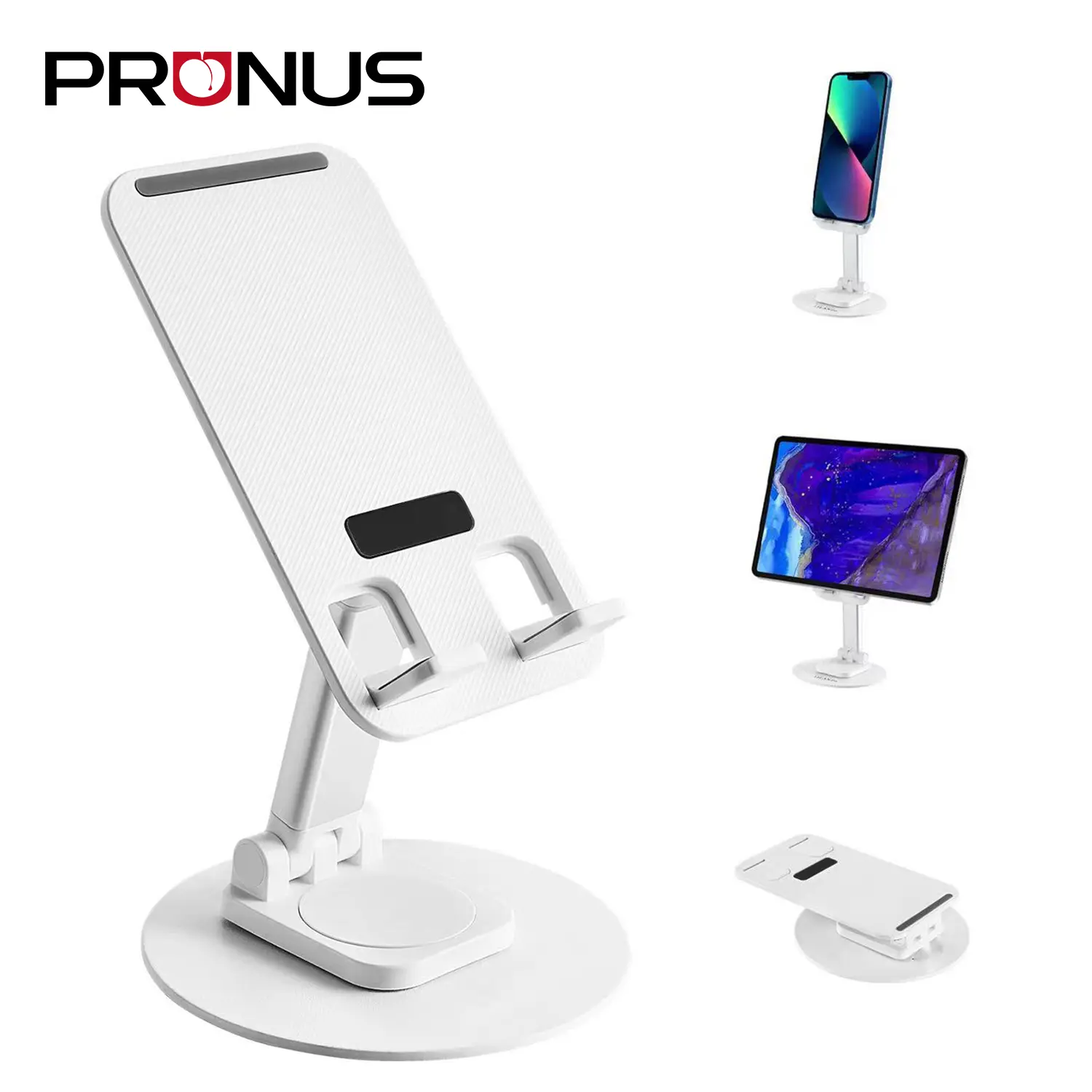 PRNUS A-104 Cell Phone Stand Height Angle Adjustable Phone Holder 360°Rotatable Foldable Desktop for iPhone, Samsung Galaxy, Google Pixel - White Accessories Compact Metal Mobile Retractable Smartphone
