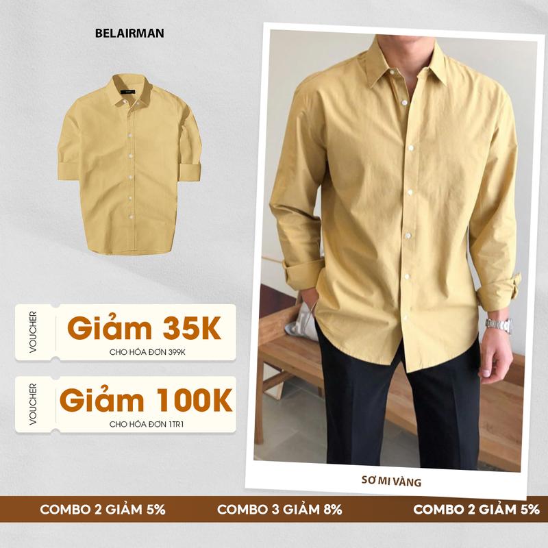  Áo sơ mi nam công sở BELAIRMAN form Hàn Quốc chất liệu cotton thấm hút màu vàng có cổ tròn Menswear Shirt 