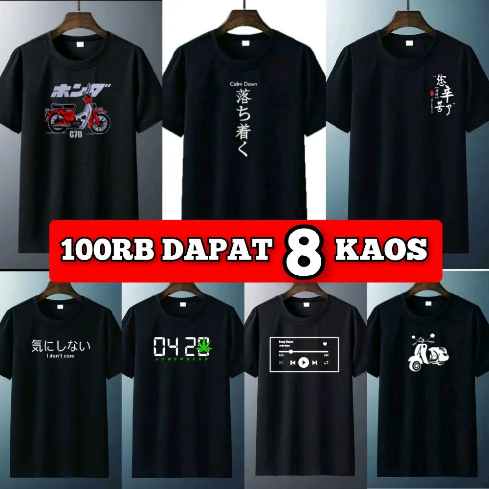 Paket 100rb 8 pcs Baju Kaos Hitam Baju Atasan lengan pendek Oblong Dewasa Pria Keren Cowok Wanita
