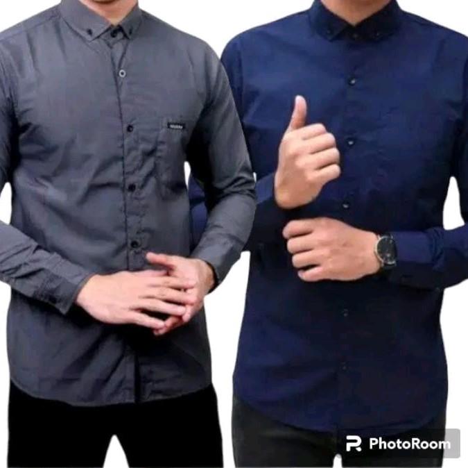Paket 2 Pcs Kemeja Polos Lengan Panjang Catun Casual Slimfit  Baju Dinas Kantor  Kancing Kerah Simple Standar Putih Navy Nyaman Variasi Santai Pria Kerja Hitam Basic 6