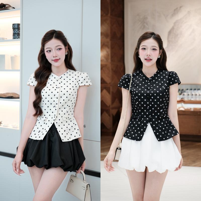 Set áo chấm bi tay ngắn phối chân váy bí đen dáng bồng Hb.closet S36