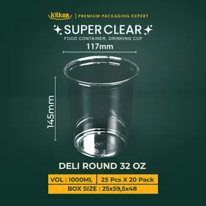 Kitkan Deli Container 32 oz 950 ml PET Super Clear Food Container Round Salad Bowl Kitkan WADAH PLASTIK BENING 950ml IDEAL SALAD BUAH RAMADAN