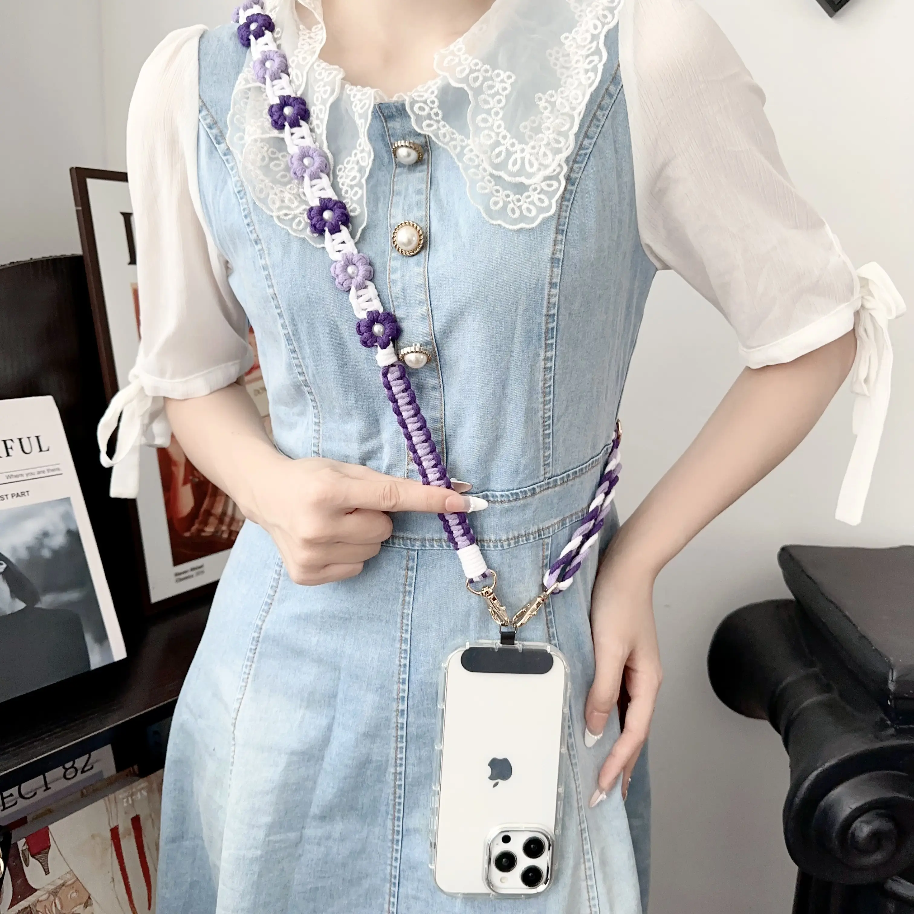 Sweet Flower Style Rope Cellphone Lanyard Long Style Hang neck Mobile Phone Chain For Lady Girls Phone Case Clip Chain Jewelry Cross Body Straps With Adjustable Rope mobile lanyard Smartphone Accessories