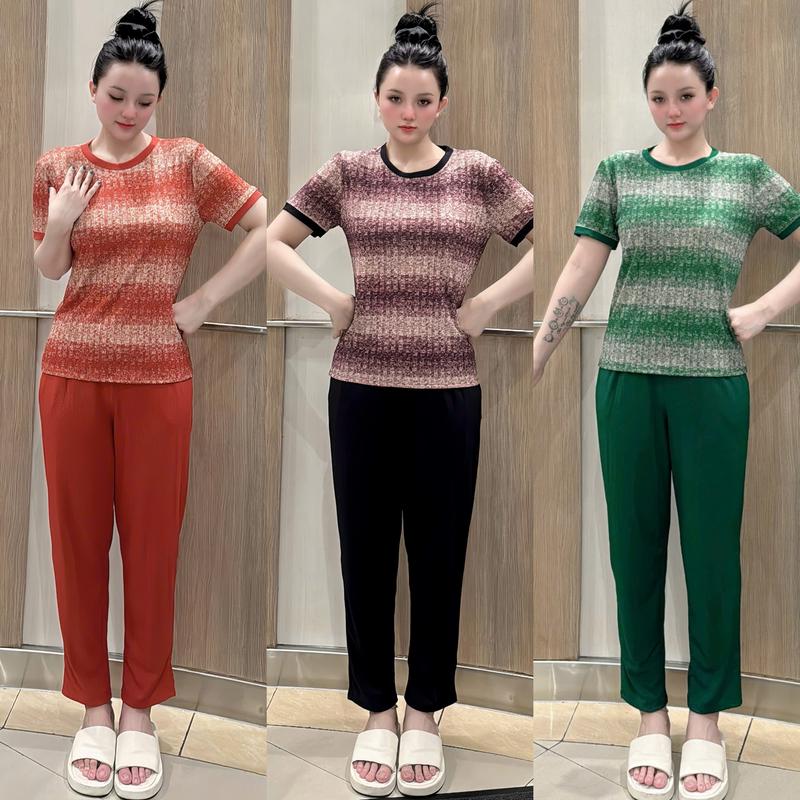 Set  Bộ Đồ Thun Gân  tăm lạnh Mặc Nhà  Cổ Tròn, Áo Tay Cộc, Quần Dài , Họa Tiết Ép Dễ Thương 45-73kg Nữ Top