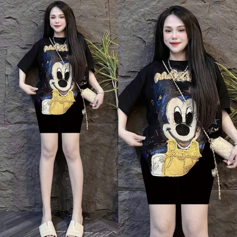 { Chất Liệu Tăm QC } Set Đồ Bộ Nữ Quần Lửng + Áo Fom Rộng In HOẠT HÌNH CHUỘT MIKEY Bigsize 45-85KG Top Nữ