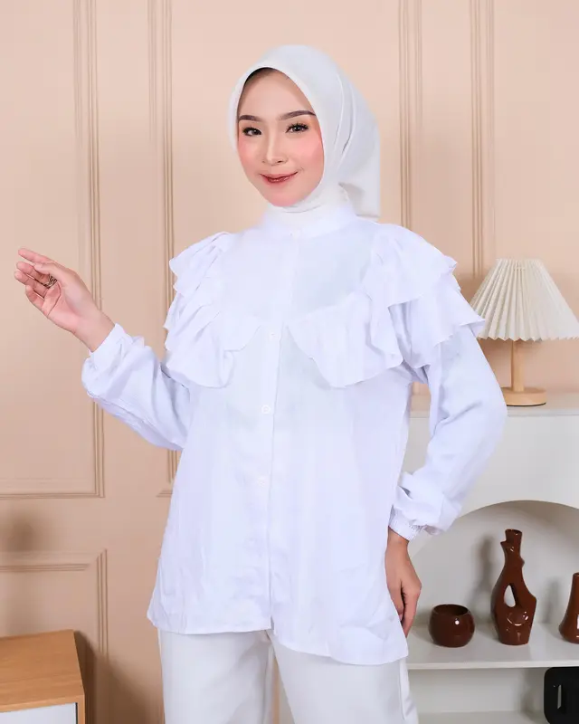 Baju Atasan Wanita Raina Terbaru Bahan Pollo Linen Blus Simpel Elegan Tangan Panjang Wudhu Friendly Busui Friendly Katun Casual Formal Dewasa Desain Ruffle Kancing Muslim Kerja Hitam Simple Dress Putih Santai Basic Kantor 3