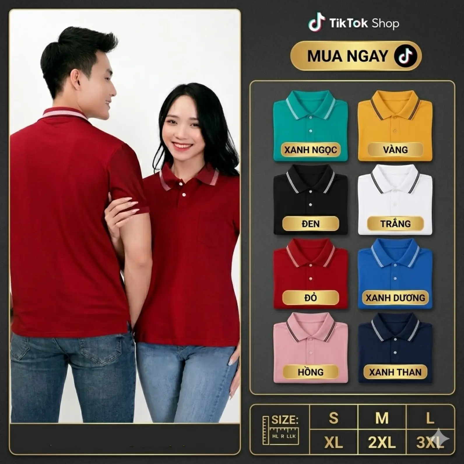 (10 MÀU )Áo Polo Nam Nữ  viền cổ vải cotton cá sấu  từ 38-83kg.