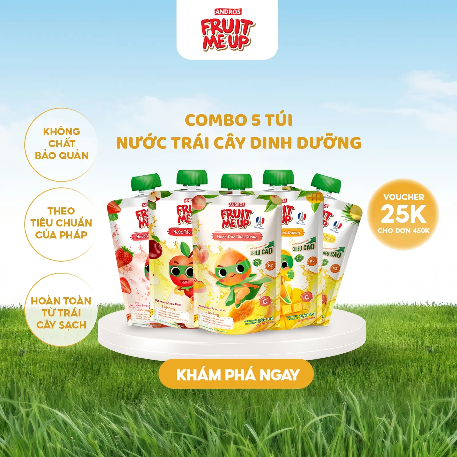 Combo 5 Túi Nước Trái Cây Dinh Dưỡng - Làm Từ Nước Ép Trái Cây  - ANDROS FRUIT ME UP - 150mlx5