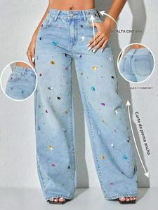 Pantalones de mezclilla de pierna ancha para mujer, moda nueva, cómodos y elásticos con artesanía suave de diamantes de imitación, jeans largos casuales y modernos para todas las estaciones