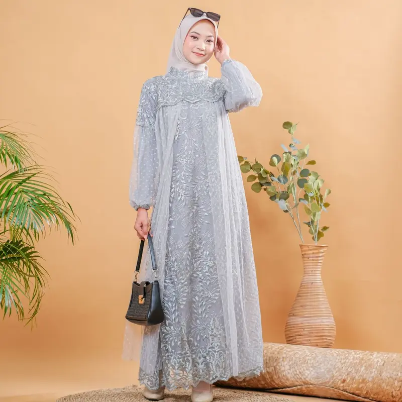 RAISHA Nusaibah Full Tile Brokat Bordir Dress / Gamis / Gaun Pesta Wanita Muslim Dewasa Motif Bunga Untuk  Lebaran, Wisuda, Kondangan Simple Tebal dan Mewah 1