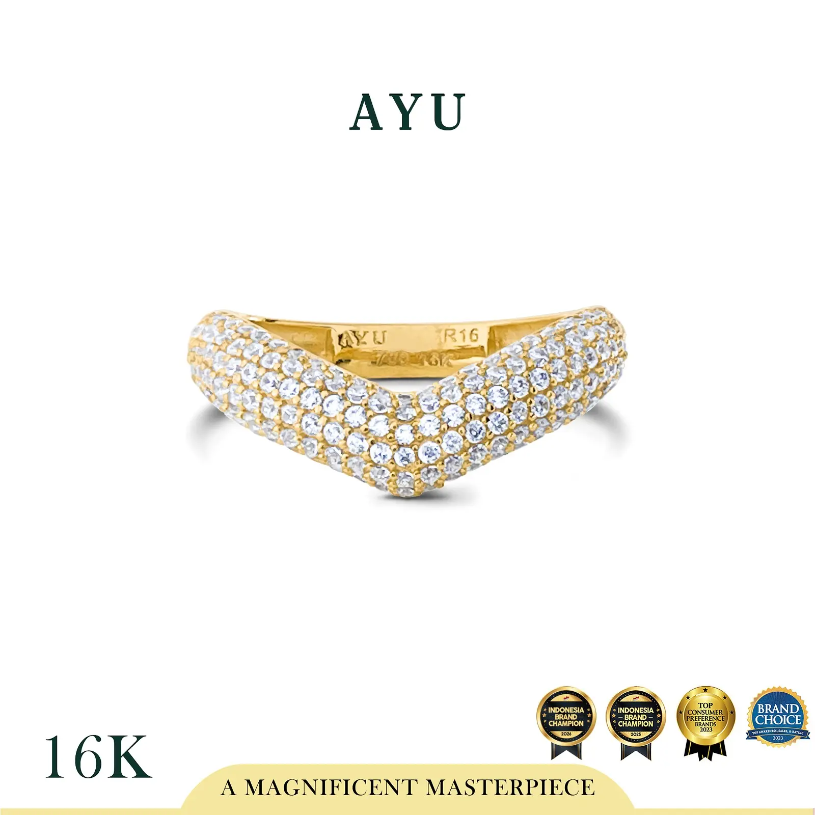 AYU Cincin Emas - Pave Chevron Globe Ring 16k Yellow Gold