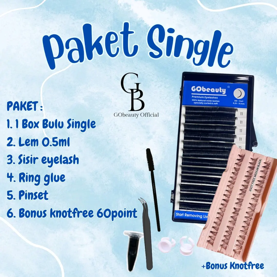 PAKET EYELASH EXTENSION - single 5 IN 1 lem 0.5 ml bonus knotfree 60 point