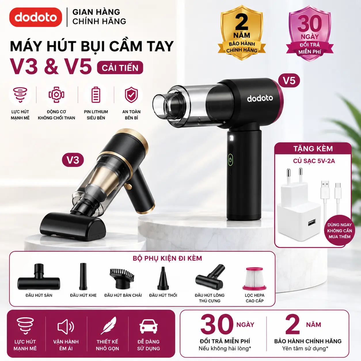 Máy hút bụi cầm tay không dây Dodoto Lux Air V3, V5 Cải tiến - đa năng, gọn nhẹ, lực hút mạnh 25000 - 30000Pa, 140w lõi lọc thép, dùng cho ô tô, bàn thờ, gia đình, bảo hành 24 tháng