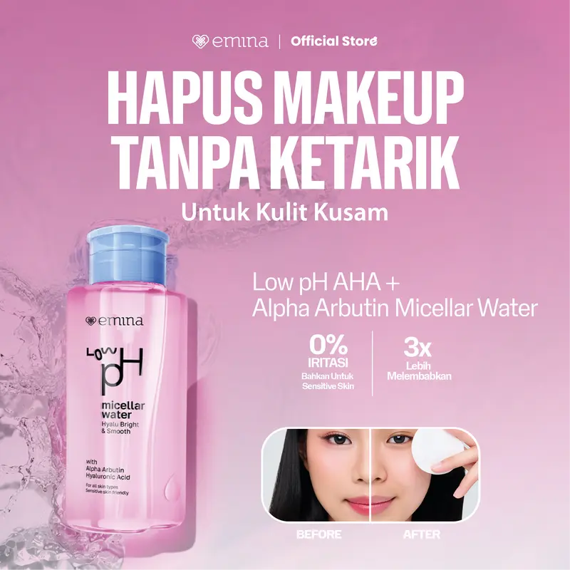 Emina Low pH Micellar Water Complete Series - Kering dan Kusam, Berminyak dan Berjerawat, Kulit Sensitif 125ml & 300ml | Pembersih Wajah Gentle Makeup Remover Double Cleansing Acne Skin Mencerahkan Menghaluskan Brightening Glowing 1