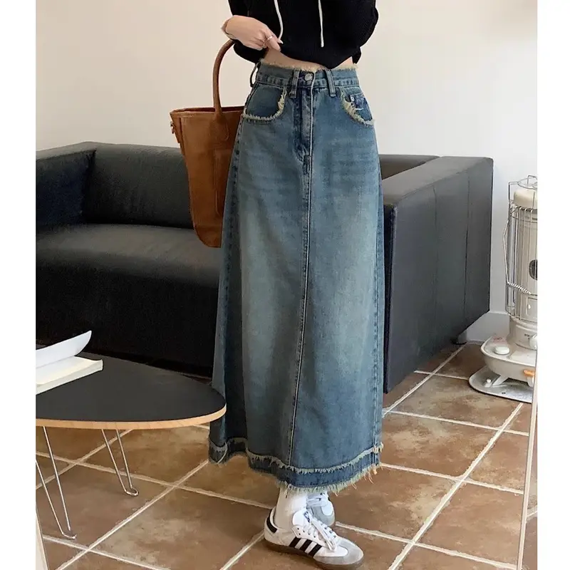 【meissi.id】Rok Jeans Bigsize Jumbo Rok Jeans Panjang Wanita Skirt Denim Midi A Line Highwaist Rok Jeans Korean Style Outfit Wanita Kekinian 6