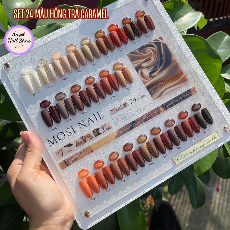  Set Sơn Gel 24 Màu Hồng Trà Caramel chính hãng Mosi Nail - Tông Trầm Có Nhũ Flash Hot Trend- Tặng Kèm Bảng Màu Nữ Women 