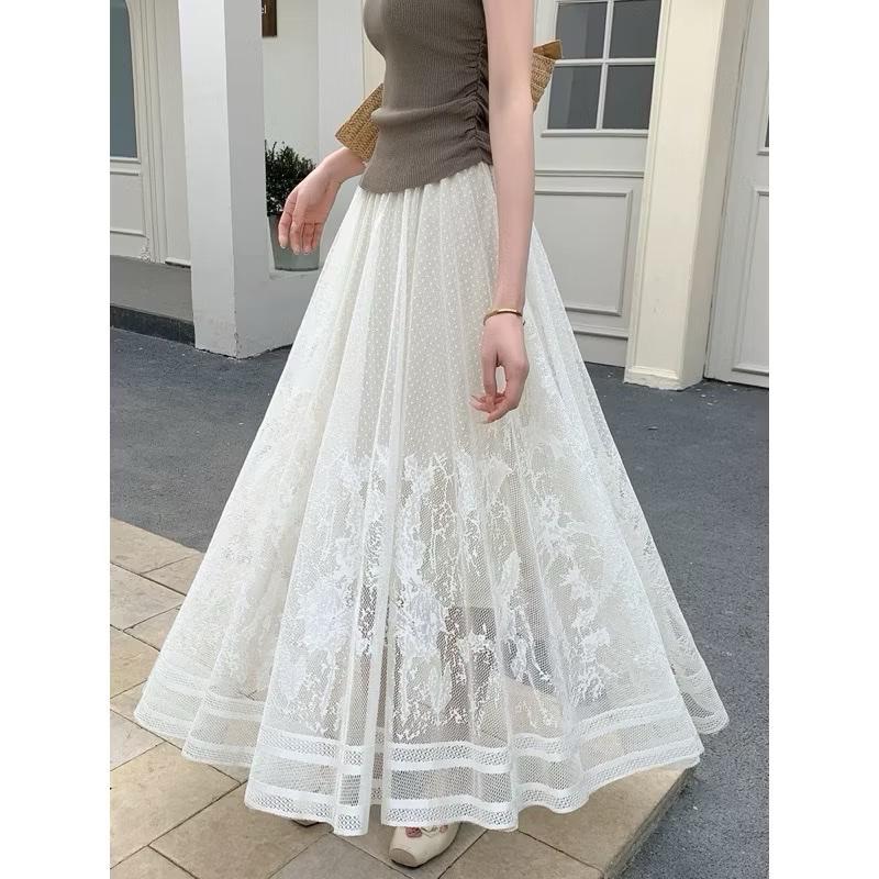 Chân Váy Ren Dài Chấm Bi 89cm Lưng Thun Bọc Vải lớp lót lụa xoè rộng