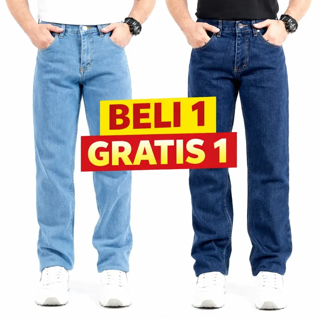PAKET HEMAT ISI 2 pcs Celana Jeans Standar Pria Grey Hitam Biru Tua Biru Muda 28-38 Beli 1 Gratis 1