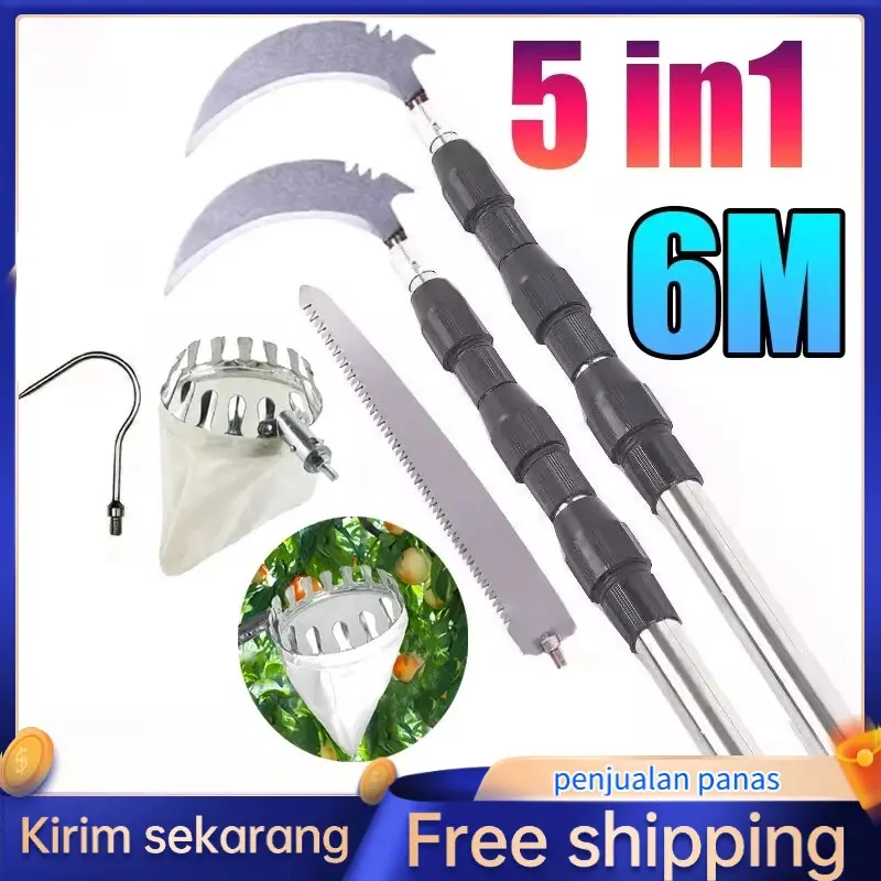 【Kirim Sekarang】6M 5in1 Alat Tongkat Pemetik Buah Panjang Telescopik Pemangkasan Ranting Pohon Gergaji Tree Pruner Saw Blade Gunting