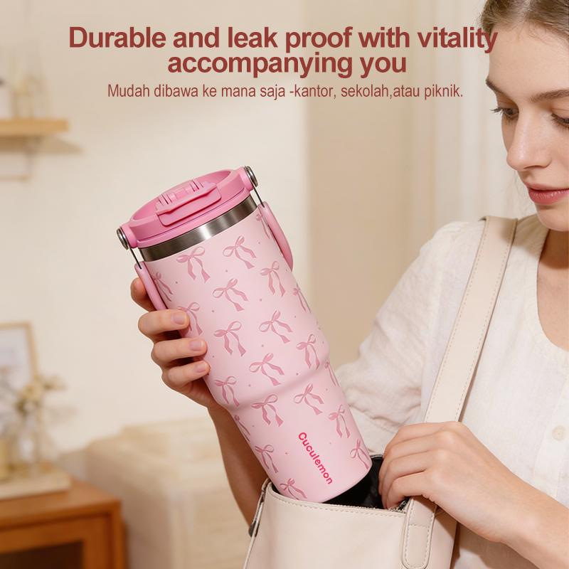 CucuLemon Tumbler Stainless Vacuum 890ML Botol Minum Besar Termos Anti Kebocoran Desain Kupu-Kupu Cantik & Merah Muda Pita