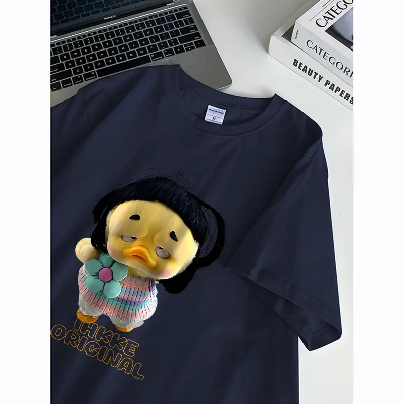 <TMG> T-shirt dicuci kebesaran | Cetakan upset duck lucu | T-shirt katun multi-warna berkualitas tinggi, baju aesthetic lucu kece premium,T-shirt katun oversized wanita dalam kualitas dicuci hitam dan putih  I000944 6